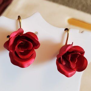 Gold Tone Red Rose Clip On Earrings Vintage Flower